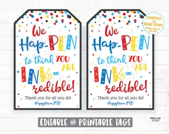 Ink Pen Gift Tags Hap-PEN INK-redible Printable Appreciation Tags Editable Tags Teacher Co-Worker Staff Employee Principal Superhero Theme