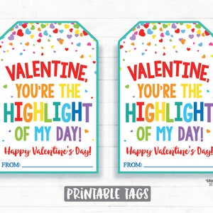 Highlighter Valentine Tags, You&#39;re the Highlight of my Day Valentine, Vorschule Valentinstag Klassenzimmer, druckbare Kinder Non-Candy Valentinstag Valentinstag