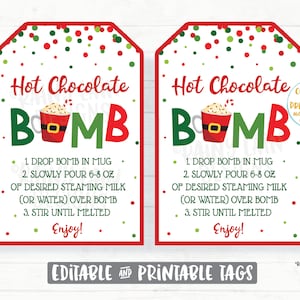 Christmas Hot Cocoa Bomb Tag, Editable Cocoa Bomb Tags, Peppermint Hot Chocolate Bomb Tags, You&#39;re the Bomb, Holiday Gift Tags Christmas Tag