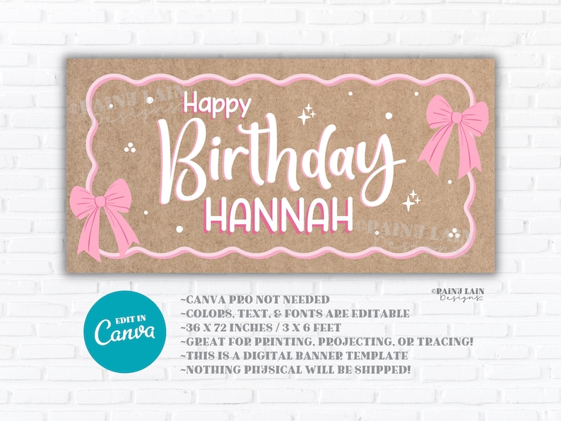 May include: A rectangular banner with a brown background and pink accents. The banner reads "Happy Birthday Hannah" in white script. Pink bows are on each side. The banner is 91 x 183 cm.