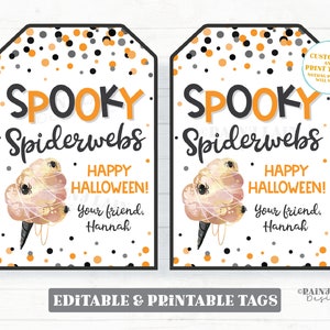 Spooky Spiderwebs Halloween Tag Spider Cotton Candy Gift Favor Prize Student Classroom Preschool Kids School PTO Editable Tag