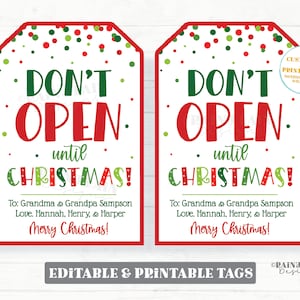 Don&#39;t Open Until Christmas tags, Do not open Gift eve Holiday Tag Editable Funny Tags Printable Christmas Gift Tags Idea
