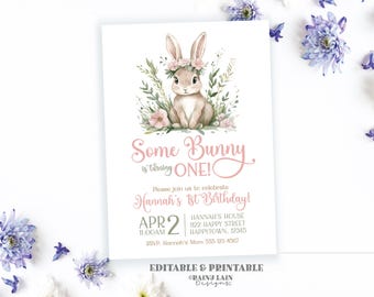 Some Bunny is One Invite, Editable Some Bunny Birthday Invite, Pink and Green 1st Birthday, Spring, Easter