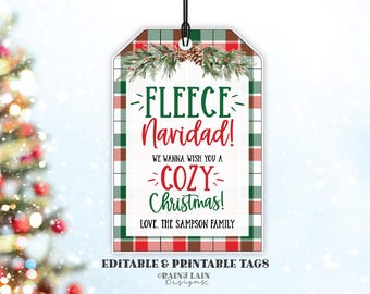 Fleece Navidad Christmas Gift Tags, Editable Blanket Throw, Printable Holiday, Secret Exchange, Teacher, Office, White Elephant, School PTO
