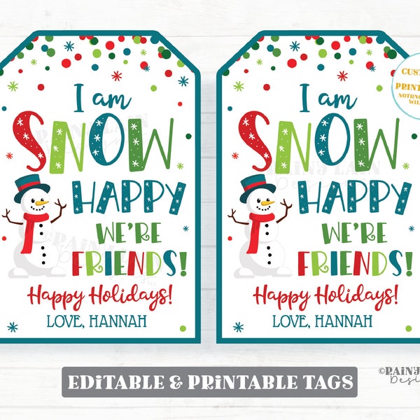 I am SNOW glad we're friends Tag Happy we are friends Printable Winter Christmas Editable Holiday Favor Snowman Student Classroom Gift Tag