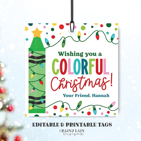 Editable Colorful Christmas Gift Tag, Crayon, Coloring Book, Classroom Preschool Stocking Stuffer Printable, From Teacher, Digital Download