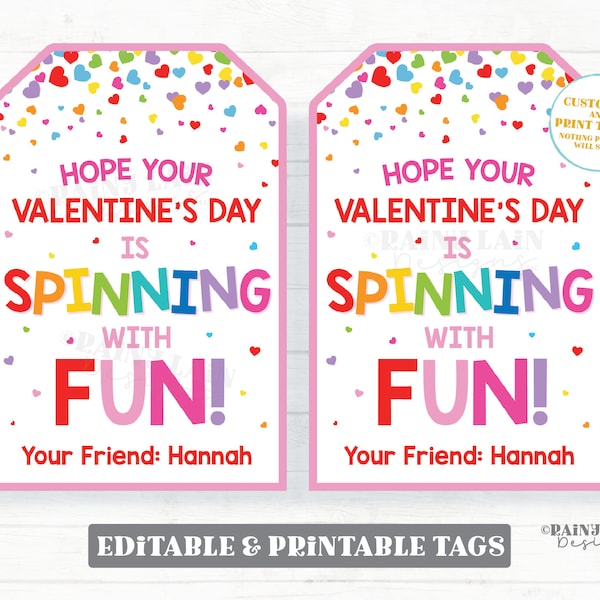 Spinner Valentine, Spinning with Fun Tag, Fidget Toy Gift Pop Spin Printable Preschool Classroom Kids Non-Candy Valentine Tag Editable