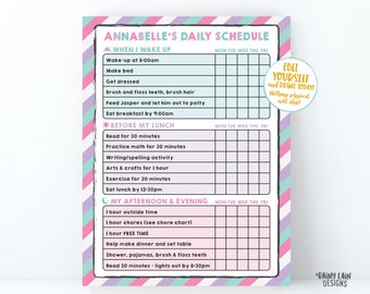 Lista de verificação diária para crianças para impressão Programação escolar em casa Editável Agenda infantil Lista de tarefas Modelo de gráfico de tarefas Planejador semanal Planejador escolar em casa