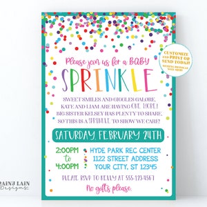 May include: A colorful baby sprinkle invitation with confetti and the text "Please join us for a baby sprinkle" and "Saturday, February 24th".