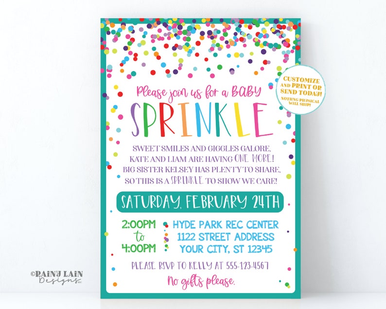 May include: A colorful baby sprinkle invitation with confetti and the text "Please join us for a baby sprinkle" and "Saturday, February 24th".