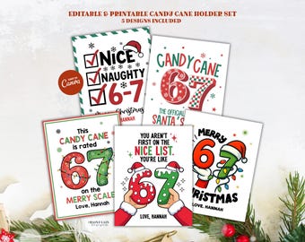 Può includere: Un set di cinque design stampabili per porta bastoncini di zucchero. Ogni design presenta un tema festivo con il numero "67" e testo legato alle festività. I design includono cappelli di Babbo Natale, luci natalizie e le parole "Nice" e "Naughty".