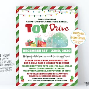 Toy Drive Flyer, Christmas Toy Drive Flyer, Holiday Toy Drive Flier Fundraiser Invitation Information Card Digital Flyer Editable DIY