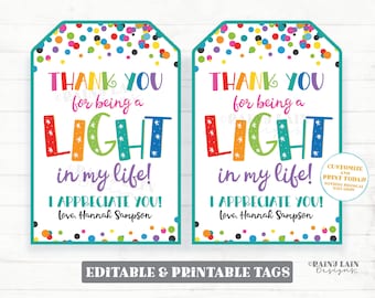 Thank you for being a light in my life Candle Tag, Lights Gift, Flashlight Teacher Appreciation Favor Staff PTO Co-worker Friend Principal