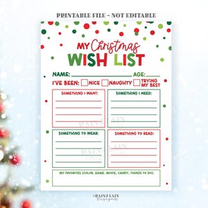 Druckbare Weihnachtswunschliste für Kinder, Santa Wunschliste, Feiertage Wunschliste Vorlage, Sofortiger Download, Brief an Santa, Kinder Fragebogen