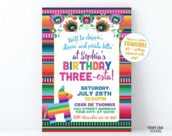 THREE-esta Birthday Invitation, Girl Fiesta Birthday Invite, Mexican Fiesta, Piñata Invite, 3rd birthday, Chippin Dippin and piñata hittin