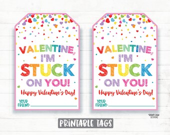 Stuck on You Valentine, Stickers Valentines, Sticky Hand Valentine Sticker Tags, Preschool Classroom Printable Kids Non-Candy Valentine Tag