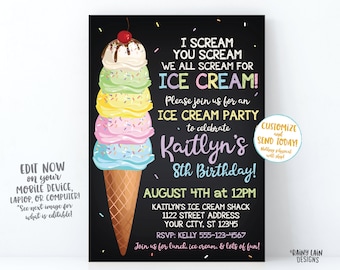 Ice Cream Party Invitation Ice Cream Cone Invite Chalkboard I scream you scream FOUR ice cream invite sprinkles pink yellow green blue