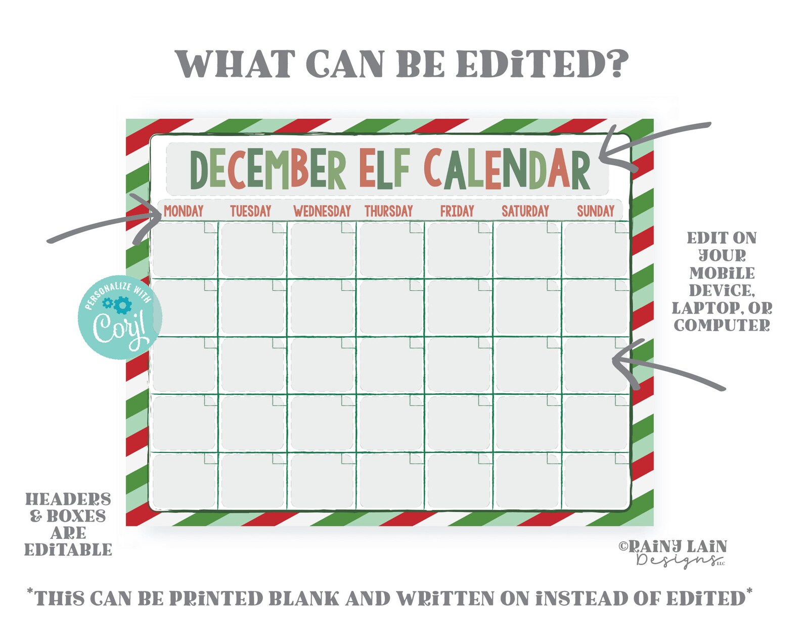 Elf Planning Calendar Printable Elf Calendar Editable | Etsy
