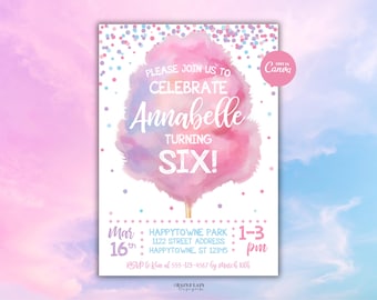 Cotton Candy Invitation Editable Sweet Celebration Candy Shop Invite Confetti Pink and Purple Watercolor Carnival Circus Printable