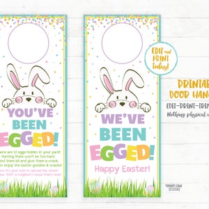 Peut inclure: Porte-portes imprimables avec un lapin qui regarde par-dessus une porte avec le texte "You've Been Egged!" et "We've Been Egged! Happy Easter!" Le design comprend un fond de confettis color&eacute;s et des &oelig;ufs de P&acirc;ques.