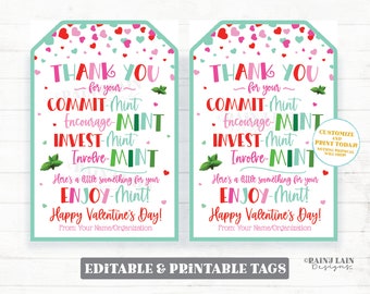 Könnte beinhalten: Zwei druckbare Valentinstag-Geschenk-Etiketten mit einem Minz-Thema. Die Etiketten sind rosa, grün und weiß mit Herzen und dem Text "Vielen Dank für Ihre COMMIT-Mint Encourage-MINT INVEST-Mint Involve-MINT Hier ist etwas kleines für Ihre ENJOY-Mint! Frohen Valentinstag! Von: Ihr Name/Organisation".