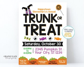 Könnte beinhalten: Ein druckbarer Flyer für eine Halloween-Veranstaltung "Trunk or Treat" mit Hexenbeinen, die aus dem oberen Teil des Textes herausragen. Der Flyer ist weiß mit schwarzen, orangefarbenen und violetten Akzenten. Der Text lautet "Happytown Elementary's Annual Trunk or Treat" und "Samstag, 30. Oktober, 18:00 Uhr bis 20:00 Uhr, 2345 Pumpkin St, Your City, ST 1234".