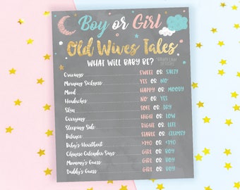 Old Wives Tales Poster, Gender Reveal Party Sign, Pink and Blue, Gold, Twinkle Twinkle Little Star, Gender Reveal Ideas, Wives Tales Sign