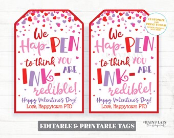 Etichette regalo con penna a inchiostro, Hap-PEN INK-redible, stampabile Etichette di San Valentino modificabili San Valentino Apprezzamento Collaboratore Personale Dipendente Insegnante PTO