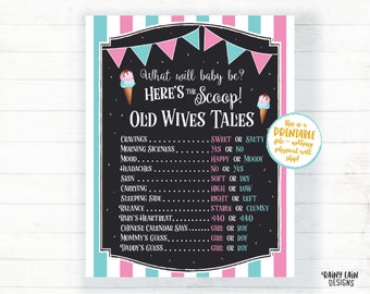 Old Wives Tales Sign, Ice Cream Gender Reveal Poster Gender Reveal Old Wives Tales Chalkboard Wives Tales Poster, Here's the Scoop Printable