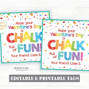 Chalk Valentine, Sidewalk Chalk Gift Tag Homemade Chalk Hearts, full of fun, Editable Square Preschool Classroom Teacher Printable Non-Candy