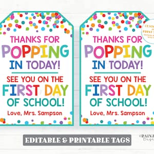 Thanks for Popping in today tag, See you on the first day of school student welcome meet the teacher back to school popcorn pop toy