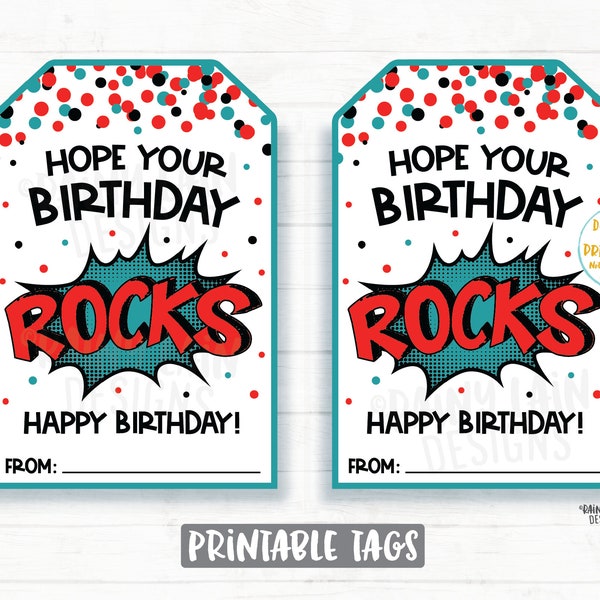 Hope your birthday rocks tag printable birthday gift tag birthday rocks gift tags, treat tags favor tags pop rock birthday tags