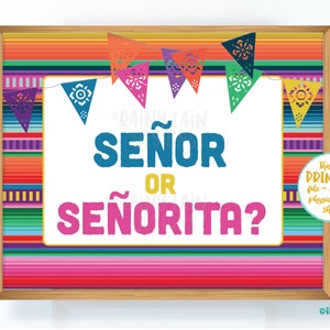 May include: A printable sign with a colorful Mexican serape border. The sign says "Señor or Señorita?" in blue and pink text.