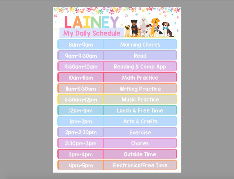 Peut inclure: Un tableau d'horaire quotidien color&eacute; pour un enfant nomm&eacute; "Lainey" avec une liste d'activit&eacute;s et d'heures. Le tableau pr&eacute;sente une rang&eacute;e de chiens de dessin anim&eacute; en haut.