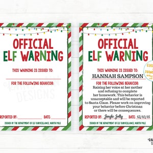 Advertencia de elfo editable, vigilancia oficial de elfos, advertencia de elfos, informe de elfos, informe de comportamiento de bricolaje de ideas de elfos imprimibles de elfos de Navidad