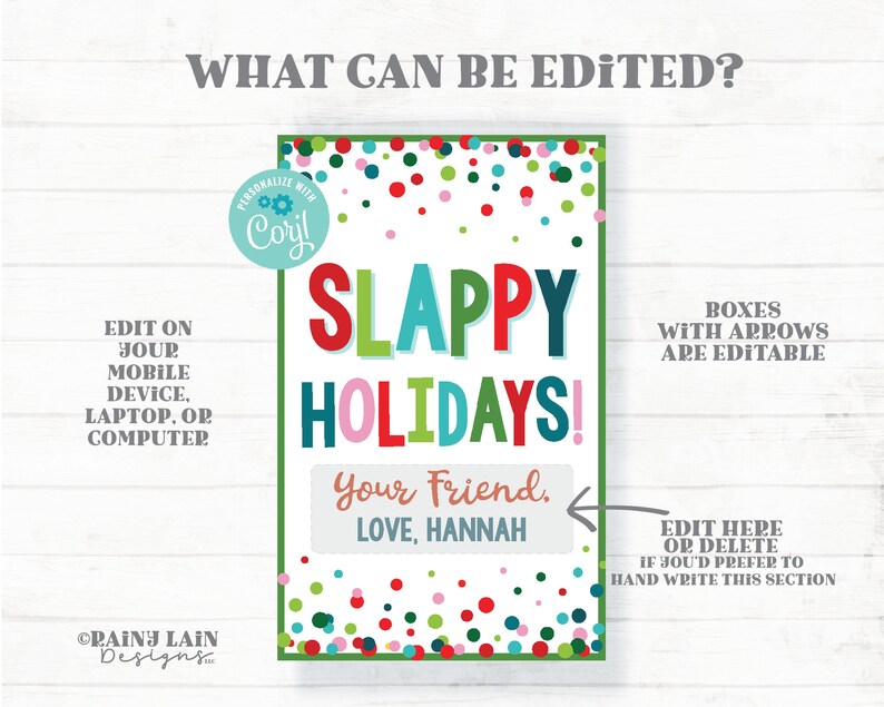 K&ouml;nnte beinhalten: Editierbares Weihnachtsgeschenkanh&auml;nger mit gr&uuml;nem, rotem und wei&szlig;em Polka-Dot-Hintergrund. Der Text lautet "Slappy Holidays!" mit einem roten Pfeil, der auf ein Feld zeigt, auf dem "Your Friend." steht. Der Text "LOVE, HANNAH" befindet sich unter dem Feld. Der Text "EDIT HERE OR DELETE IF YOU'D PREFER TO HAND WRITE THIS SECTION" befindet sich in der unteren rechten Ecke.