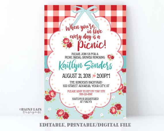 Bridal Shower Picnic Invitation, Rustic Bridal Shower Invitation, Picnic Bridal Shower Invite, Gingham Picnic Invite, Vintage Rose Invite