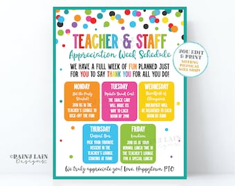 Editable Teacher Appreciation Week Schedule Flyer Itinerary Luncheon Invitation Invite Week of fun for you to Thank you for all you do