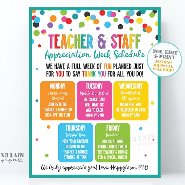 Editable Teacher Appreciation Week Schedule Flyer Itinerary Luncheon Invitation Invite Week of fun for you to Thank you for all you do