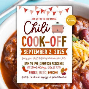 May include: A poster advertising a Chili Cook-Off. The text announces the event, including the date, September 2, 2025. The flyer also provides details about the event's location and activities. A bowl of chili is visible in the background.