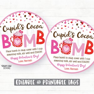 Cupid&#39;s Cocoa Bomb Tag, Valentine&#39;s Day Hot Chocolate Bomb Tags, Editable Cocoa Bomb Tags, You&#39;re the Bomb, Hot Cocoa Preschool Valentines