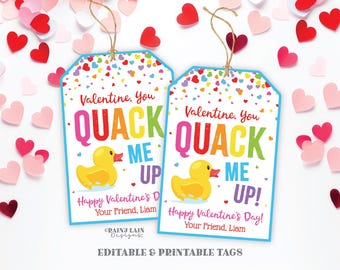 Rubber Duck Valentine Printable, You Quack Me Up Valentine's Day Gift Tag, Ducky, Duckie, Preschool Classroom Kids Non-Candy Editable, Easy