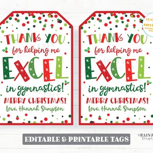 May include: Two red-bordered gift tags with a white background and colorful text. The tags read "THANK YOU for helping me EXCEL in gymnastics! MERRY CHRISTMAS! Love, Hannah Sampson." The tags are decorated with red, green, and black confetti.
