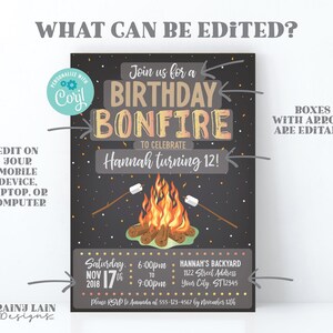 May include: Editable birthday party invitation with a bonfire theme. The invitation is black with orange, yellow, and white accents. It says "Join us for a Birthday Bonfire to celebrate Hannah turning 12!"