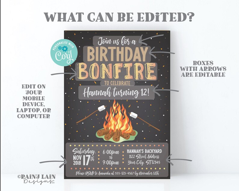May include: Editable birthday party invitation with a bonfire theme. The invitation is black with orange, yellow, and white accents. It says "Join us for a Birthday Bonfire to celebrate Hannah turning 12!"