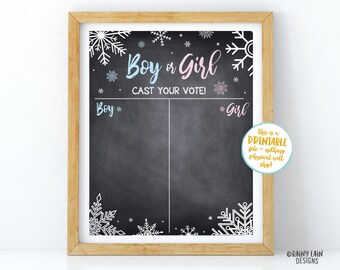 May include: A printable gender reveal sign with a chalkboard background and snowflakes. The sign says "Boy or Girl? Cast Your Vote!" with a space for guests to vote for boy or girl.