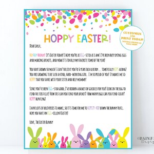 Può includere: Una lettera di Pasqua stampabile colorata dal Coniglietto Pasquale a un bambino di nome Layla. La lettera è decorata con coriandoli e presenta una fila di coniglietti dei cartoni animati in fondo. La lettera include il testo "Hoppy Easter!" e "HIP HOP HOORAY! È Pasqua oggi! Spero che tu sia emozionato come me! Sono stato impegnato a tingere le uova e a fare i cestini, e ora è finalmente il mio periodo preferito dell'anno!"