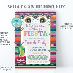 K&ouml;nnte beinhalten: Eine farbenfrohe, druckbare Einladung zu einer Cinco de Mayo Fiesta. Die Einladung zeigt einen Kaktus, Blumen und einen bunten gestreiften Hintergrund. Der Text auf der Einladung lautet: "Keine Zeit f&uuml;r eine Siesta, wir feiern eine Fiesta! Bitte schlie&szlig;en Sie sich uns an f&uuml;r Cinco de Emily, Samstag, 28. Juli, 12:00 Uhr, Casa de Sampson, 1122 Street Address, Your City, ST 12345, RSVP: Alexandra 555-123-4567".