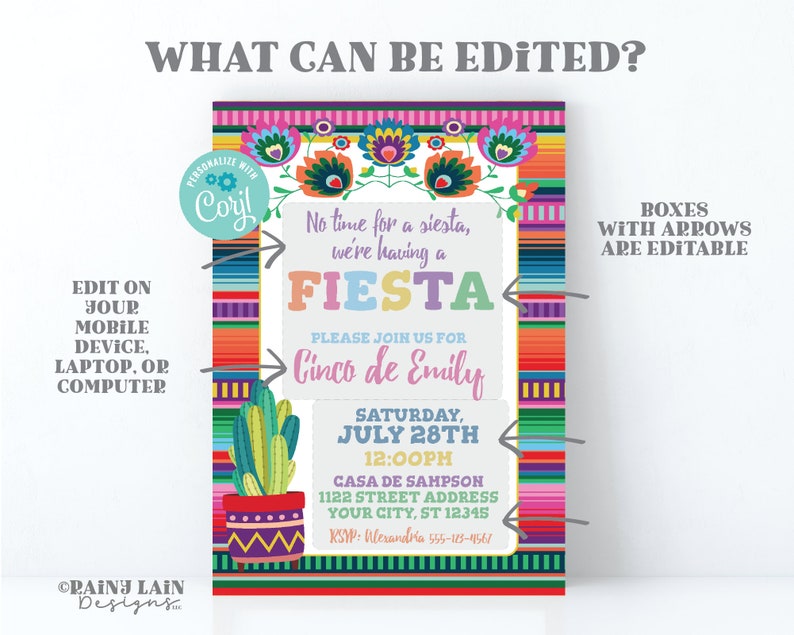 K&ouml;nnte beinhalten: Eine farbenfrohe, druckbare Einladung zu einer Cinco de Mayo Fiesta. Die Einladung zeigt einen Kaktus, Blumen und einen bunten gestreiften Hintergrund. Der Text auf der Einladung lautet: "Keine Zeit f&uuml;r eine Siesta, wir feiern eine Fiesta! Bitte schlie&szlig;en Sie sich uns an f&uuml;r Cinco de Emily, Samstag, 28. Juli, 12:00 Uhr, Casa de Sampson, 1122 Street Address, Your City, ST 12345, RSVP: Alexandra 555-123-4567".