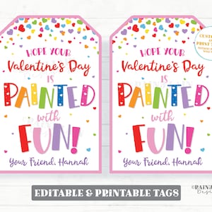 Pintado com etiqueta divertida de dia dos namorados, presente de dia dos namorados com pincel, paleta de pintura, arte para sala de aula pré-escolar, etiqueta editável para impressão sem doces